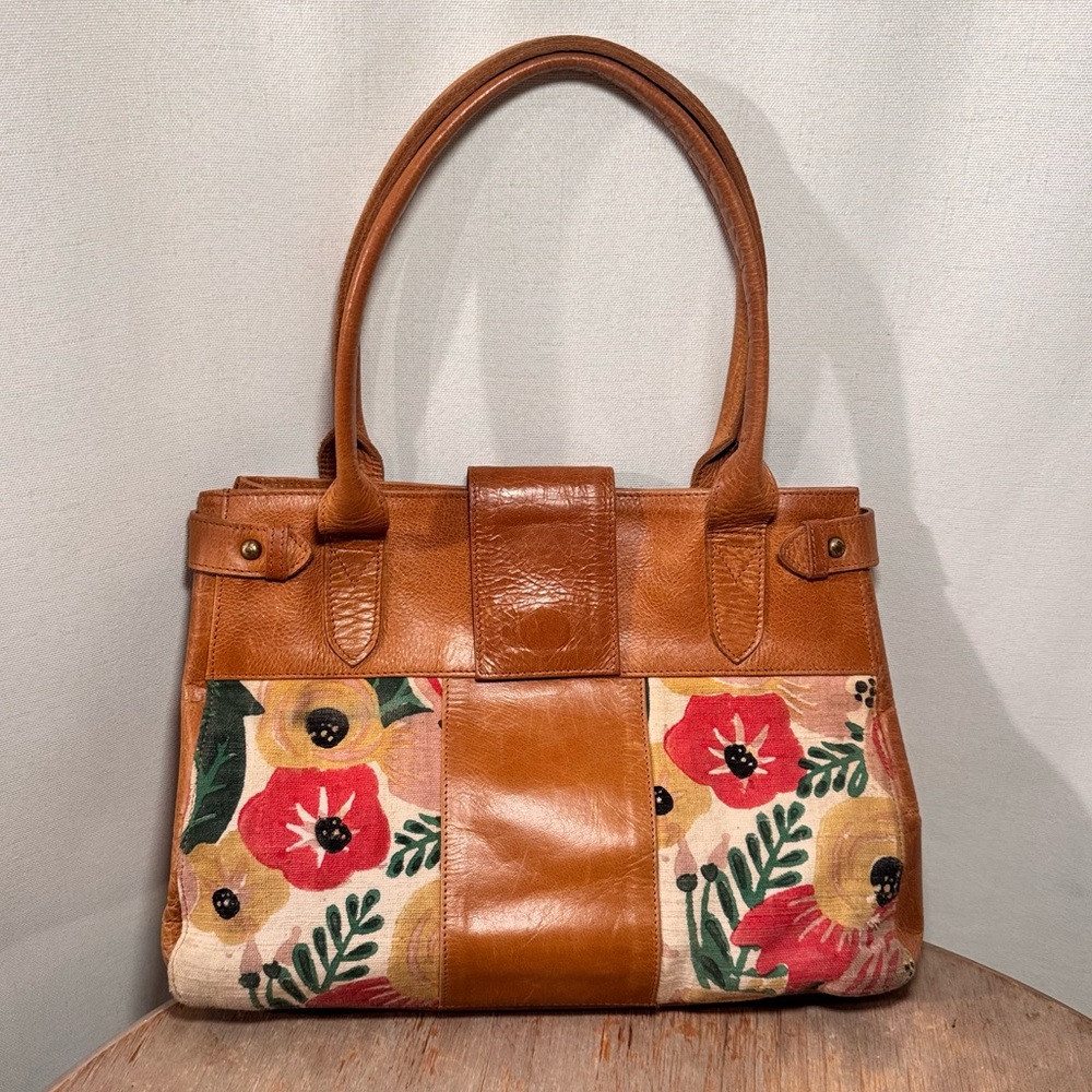 JOYN Handmade Brown Leather Floral Canvas Shoulder Bag